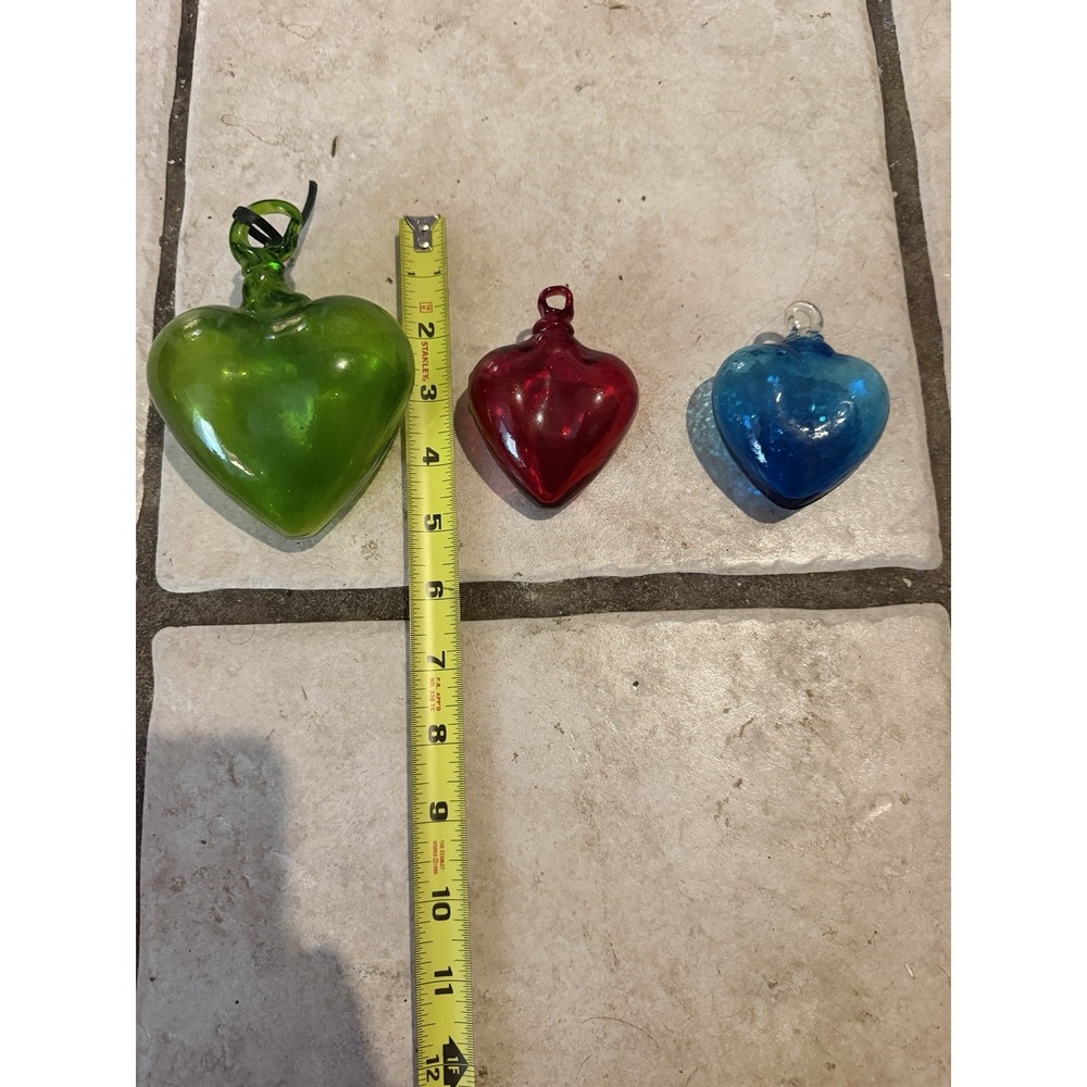 Set Of 3 Mexican Glass Hand Blown Heart Ornaments